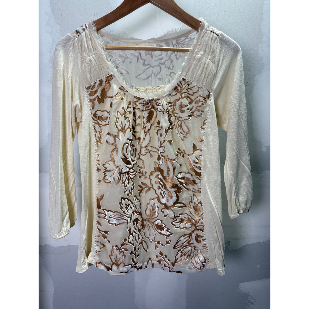 Meadow Rue Anthropologie Cream‎ Burnout Velvet Floral 3/4 Sleeve Top Medium